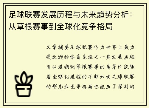 足球联赛发展历程与未来趋势分析：从草根赛事到全球化竞争格局