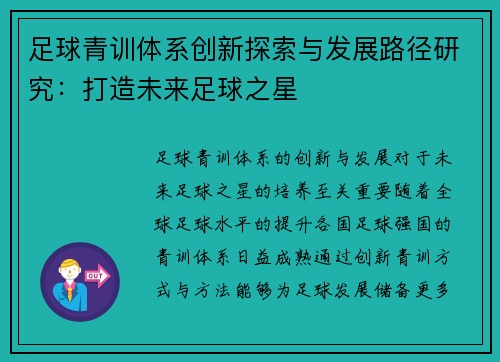 足球青训体系创新探索与发展路径研究：打造未来足球之星