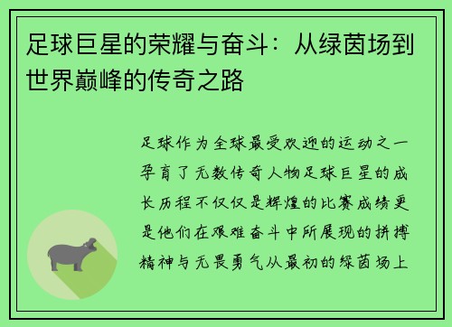 足球巨星的荣耀与奋斗：从绿茵场到世界巅峰的传奇之路