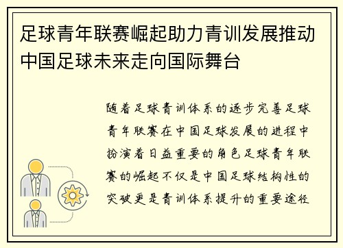 足球青年联赛崛起助力青训发展推动中国足球未来走向国际舞台