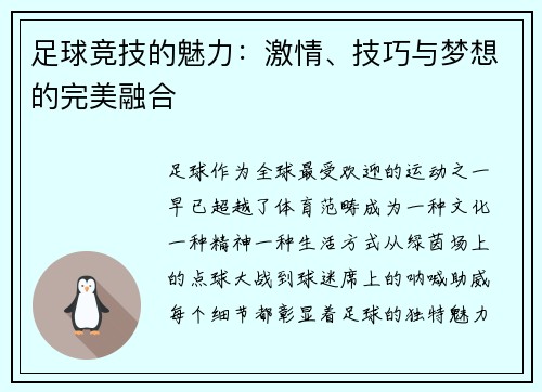 足球竞技的魅力：激情、技巧与梦想的完美融合
