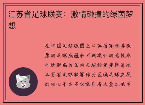 江苏省足球联赛：激情碰撞的绿茵梦想