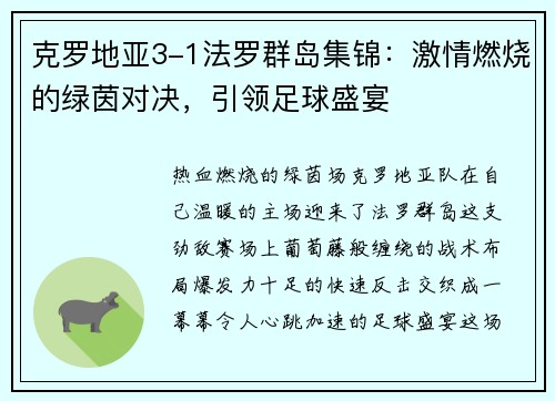 克罗地亚3-1法罗群岛集锦：激情燃烧的绿茵对决，引领足球盛宴